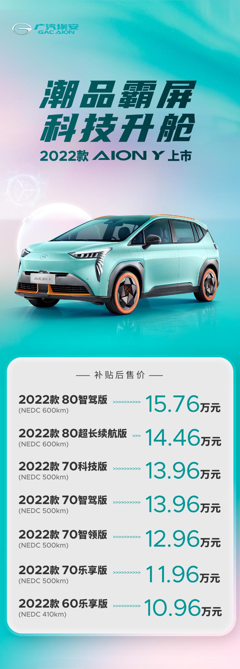 2022款AION Y抢滩登陆，颜值智能双升级售10.96万元起